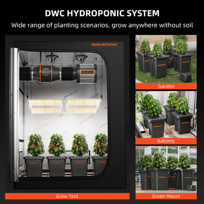 Smart Hydroponic DWC Grow Tent Kit – 4-Bucket System with New SF2000 200W LED, 4” Inline Fan, 2 Clip Fans, GGS Power Strip, WiFi-Integrated Controls for Automated Lighting, Ventilation &amp; Circulation, and Environmental Sensors
