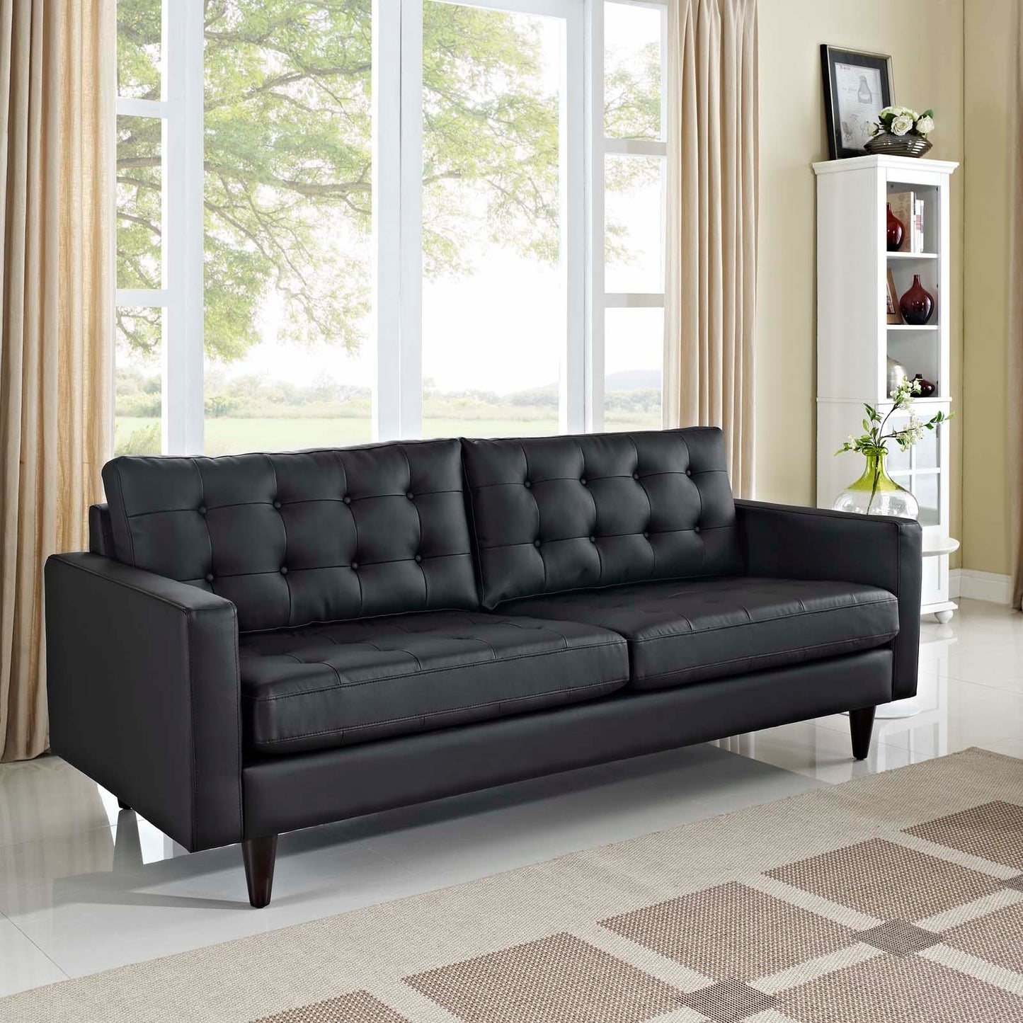 Modway Furniture Empress Bonded Leather Sofa - Plush, Deeply Tufted Design with Solid Wood Legs for Elegant Living Spaces - EEI-1010-BLK