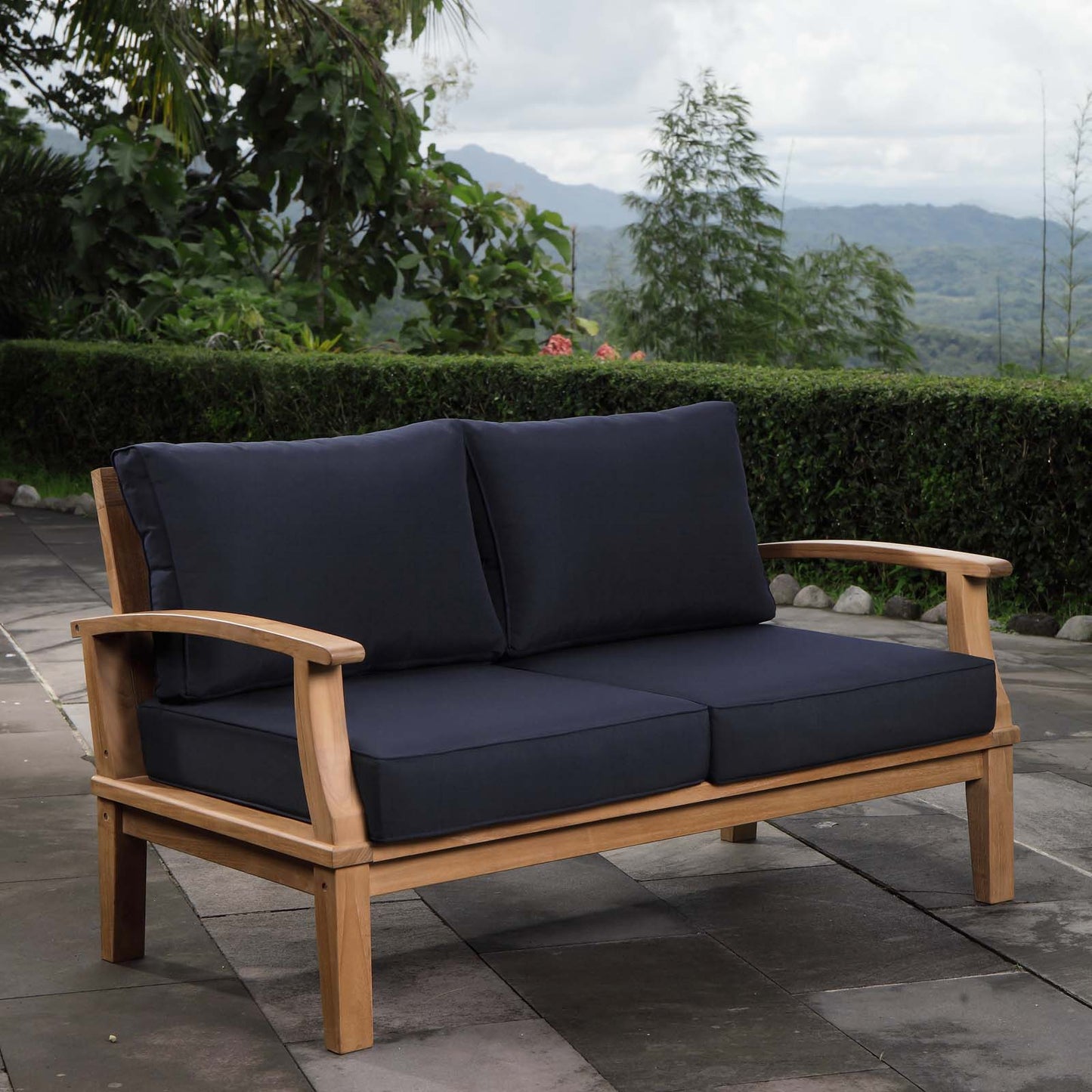 Modway furniture Marina Teak Wood Outdoor Loveseat - Luxurious All-Weather Seating for Your Patio & Garden Retreat - EEI-1144-NAT-GRY-SET