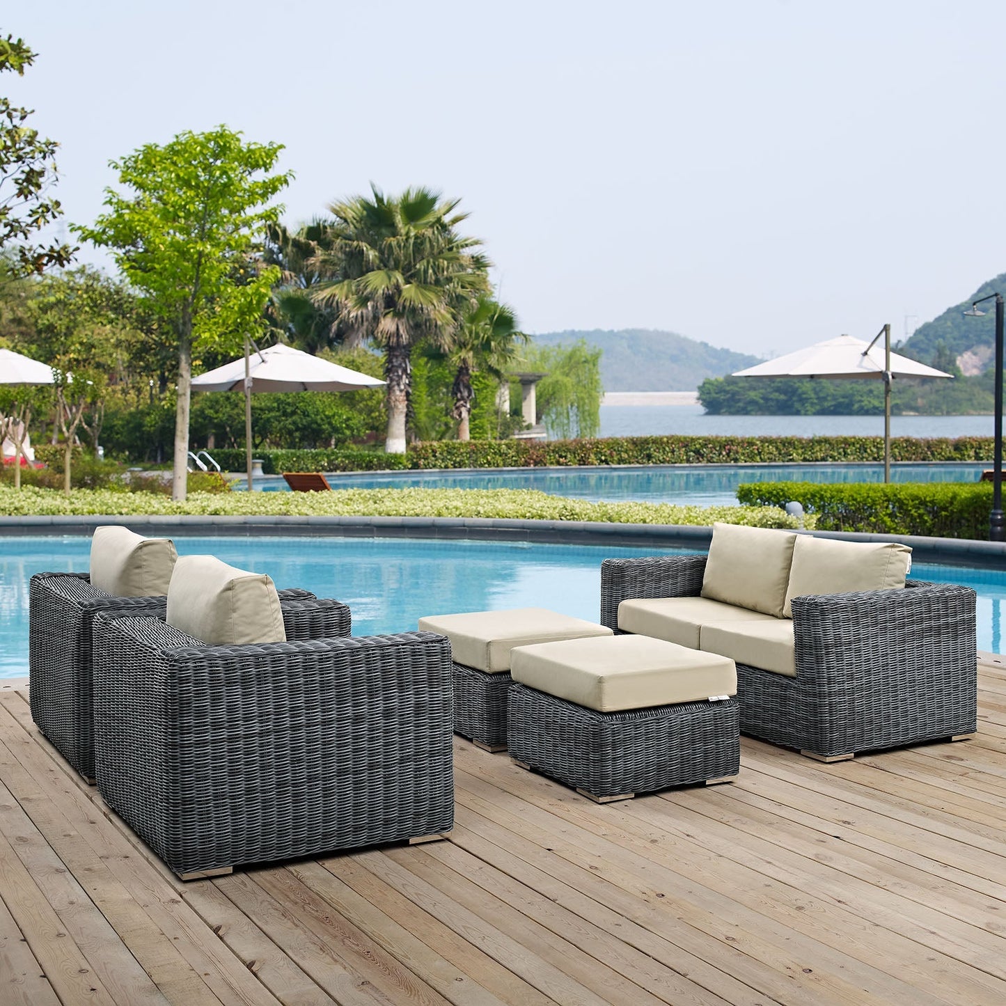 Modway Furniture Summon 5 Piece Outdoor Patio Sunbrella Sectional Set by Modway - EEI-1893-GRY-BEI-SET
