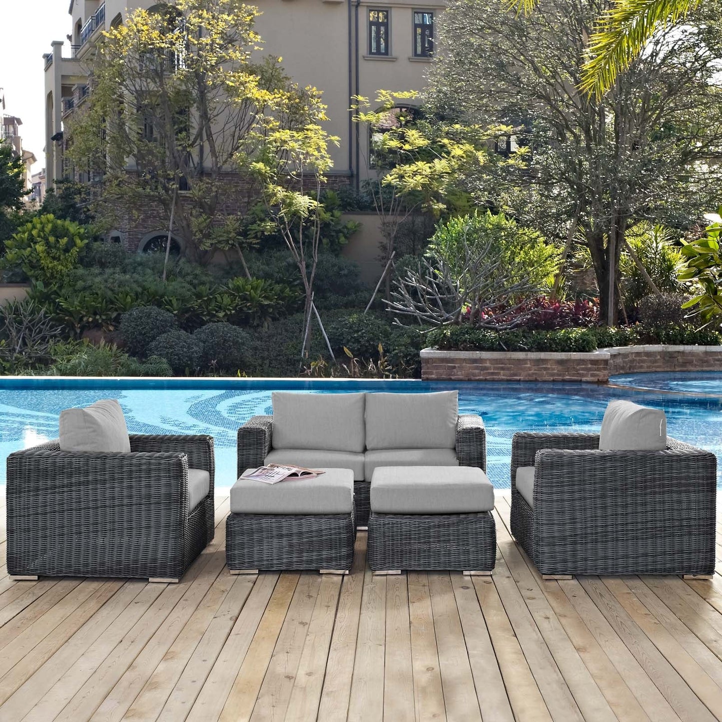 Modway Furniture Summon 5 Piece Outdoor Patio Sunbrella Sectional Set by Modway - EEI-1893-GRY-BEI-SET
