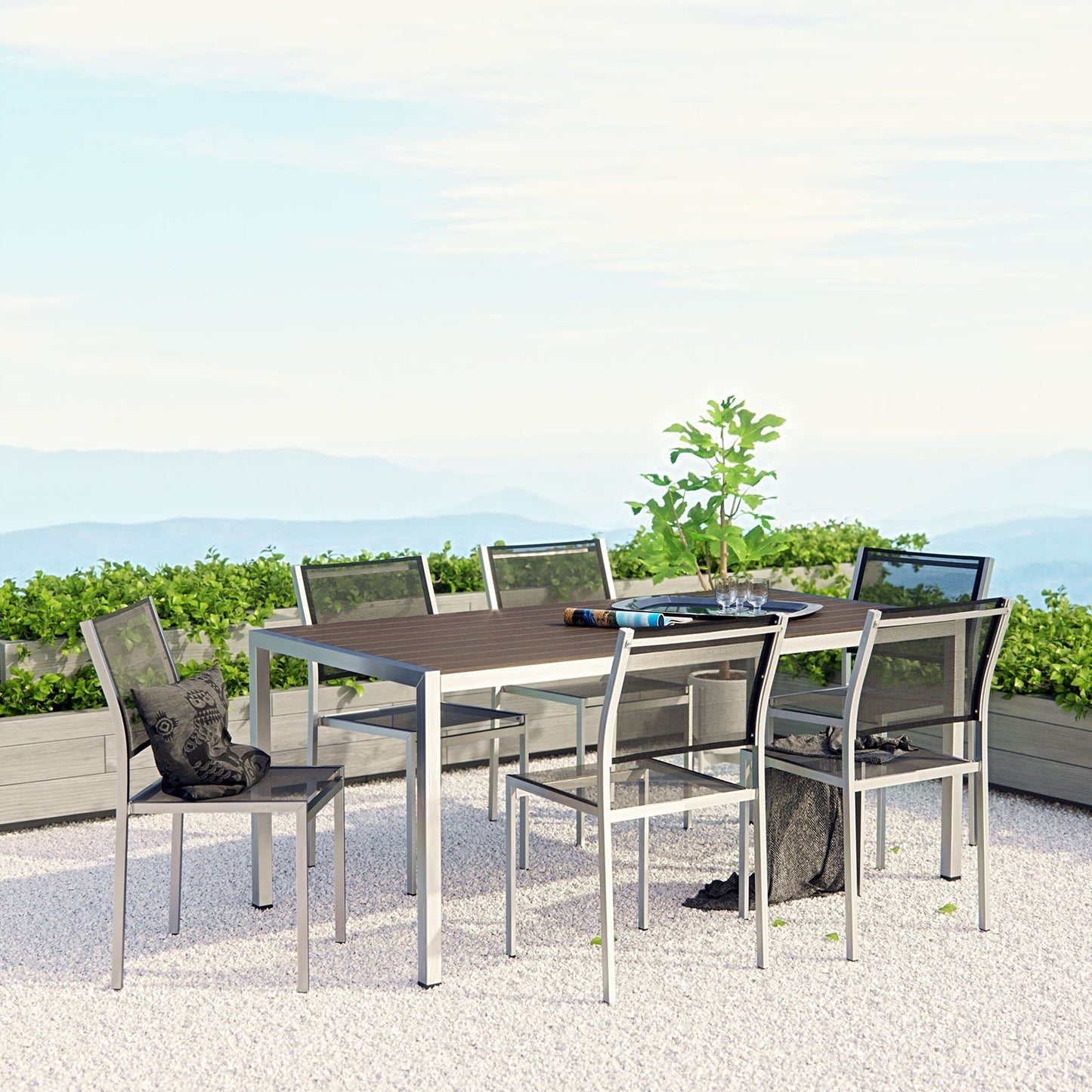 Modway Furniture Shore 7 Piece Outdoor Patio Aluminum Dining Set – EEI-2485-SLV-BLK-SET