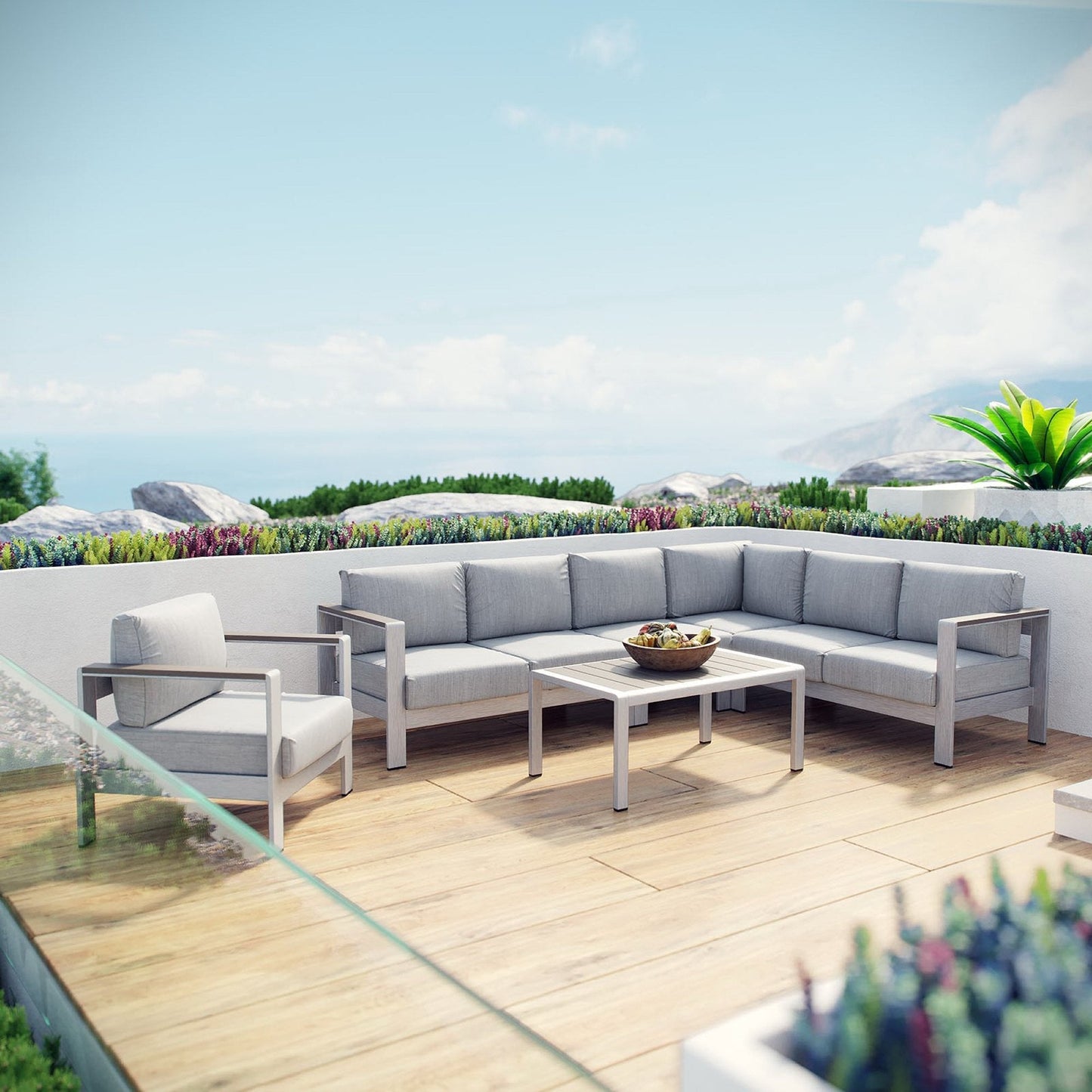 Modway Furniture Shore 6 Piece Outdoor Aluminum Sectional Sofa Set by Modway - EEI-2558-SLV-GRY