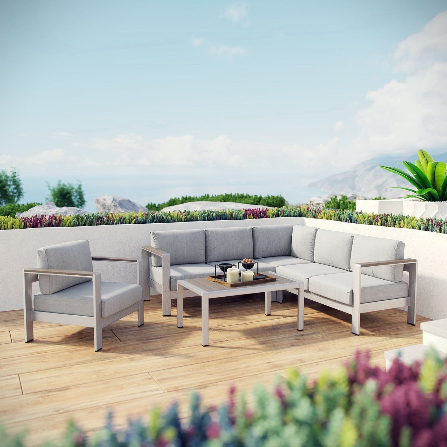 Modway Furniture Shore 5 Piece Outdoor Aluminum Sectional Sofa Set by Modway - EEI-2560-SLV-GRY
