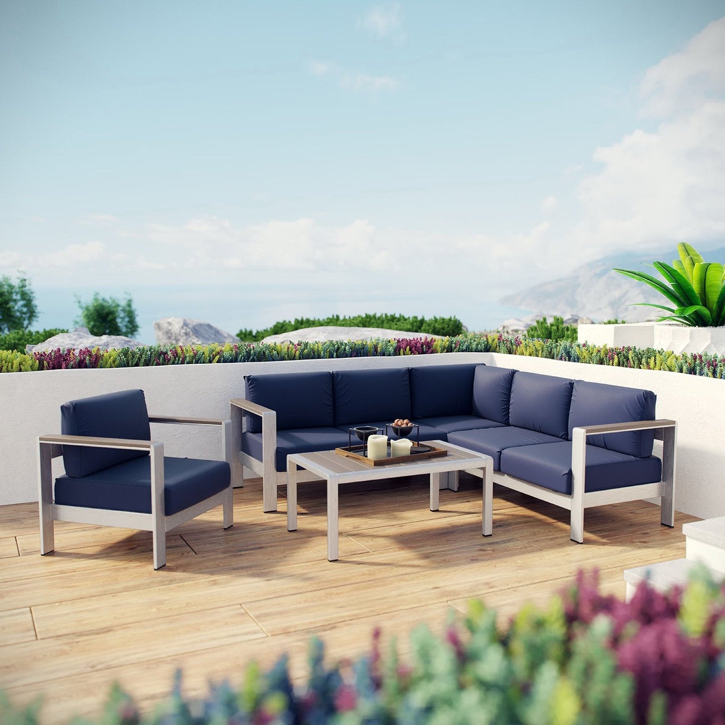 Modway Furniture Shore 5 Piece Outdoor Aluminum Sectional Sofa Set by Modway - EEI-2560-SLV-GRY
