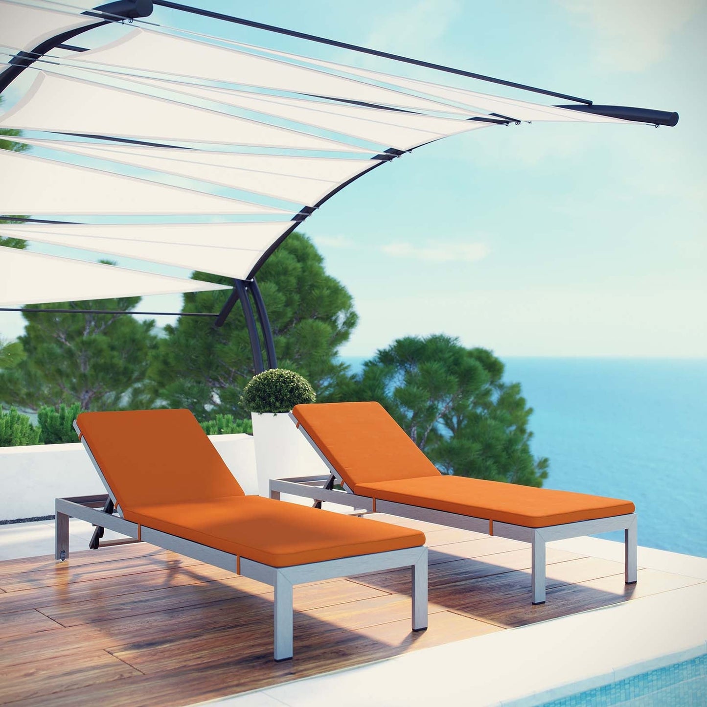 Modway Furniture  Shore Chaise with Cushions Outdoor Patio Aluminum Set of 2 - EEI-2737-SLV-TRQ-SET