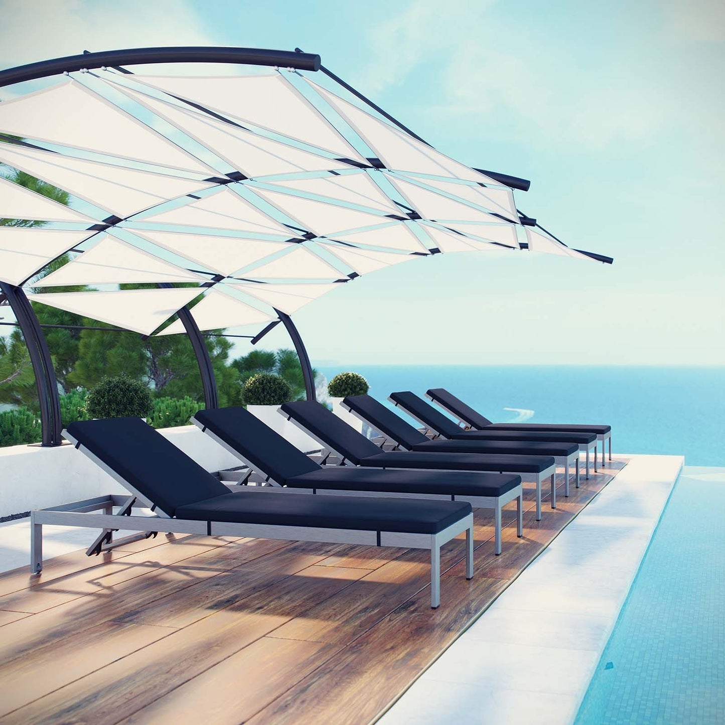 Modway Furniture Shore Chaise with Cushions Outdoor Patio Aluminum Set of 6 by Modway - EEI-2739-SLV-TRQ-SET