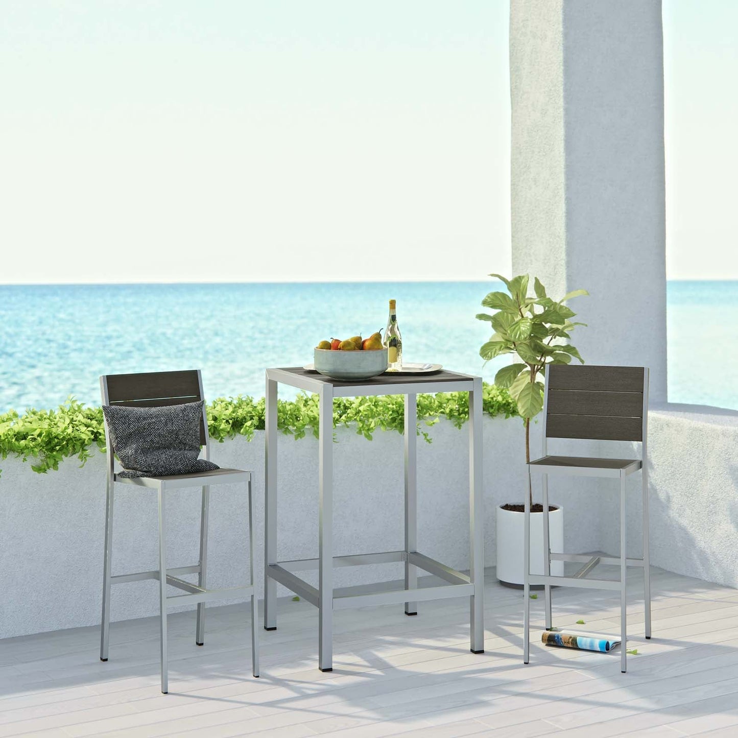 Modway Furniture Shore 3 Piece Outdoor Patio Aluminum Pub Set - EEI-3158-SLV-GRY-SET