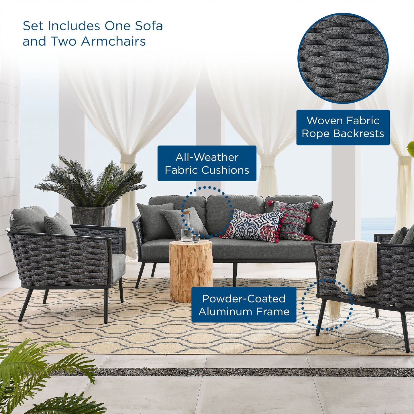 Modway Furniture Stance 3 Piece Outdoor Patio Aluminum Sectional Sofa Set by Modway - EEI-3165-WHI-GRY-SET