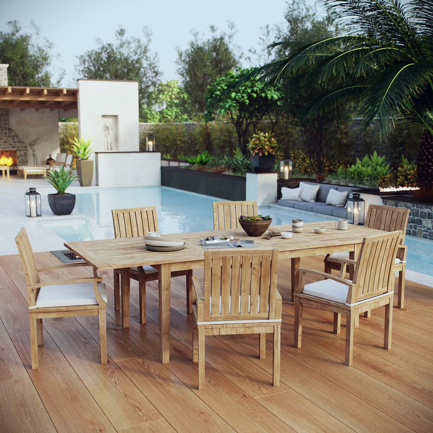 Modway Furniture Marina 7 Piece Outdoor Patio Teak Dining Set by Modway – EEI-3279-NAT-WHI-SET