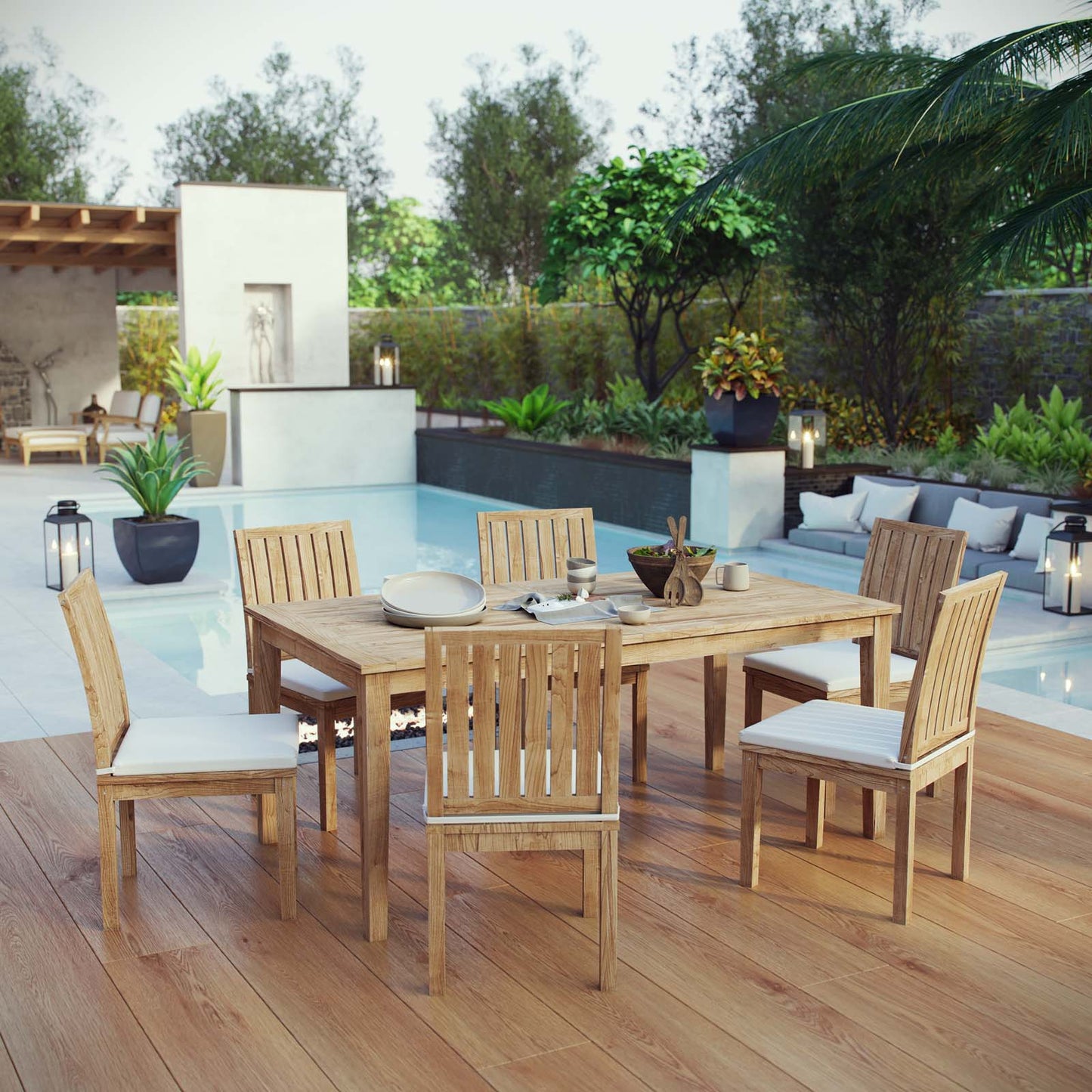 Modway Furniture Marina 7 Piece Outdoor Patio Teak Dining Set by Modway – EEI-3294-NAT-WHI-SET