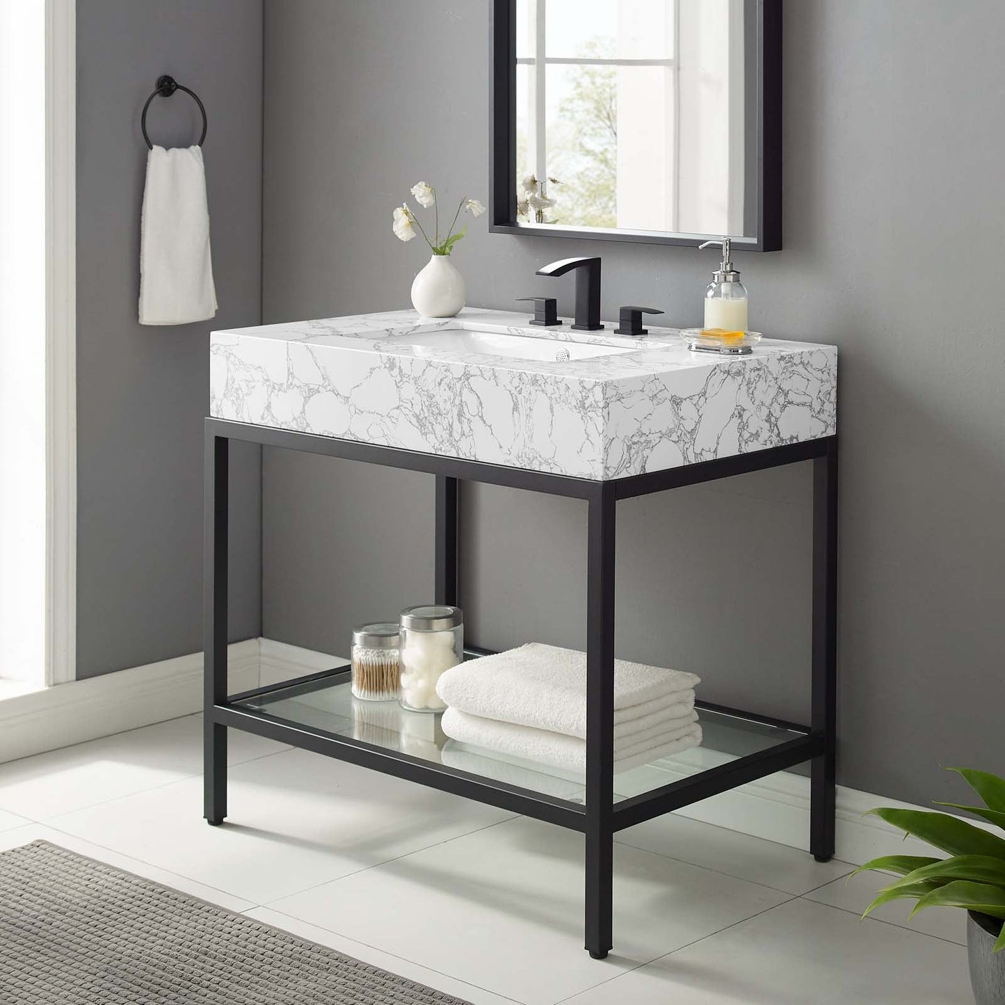 Modway furniture Kingsley Stainless Steel Bathroom Vanity - EEI-3998-BLK-WHI