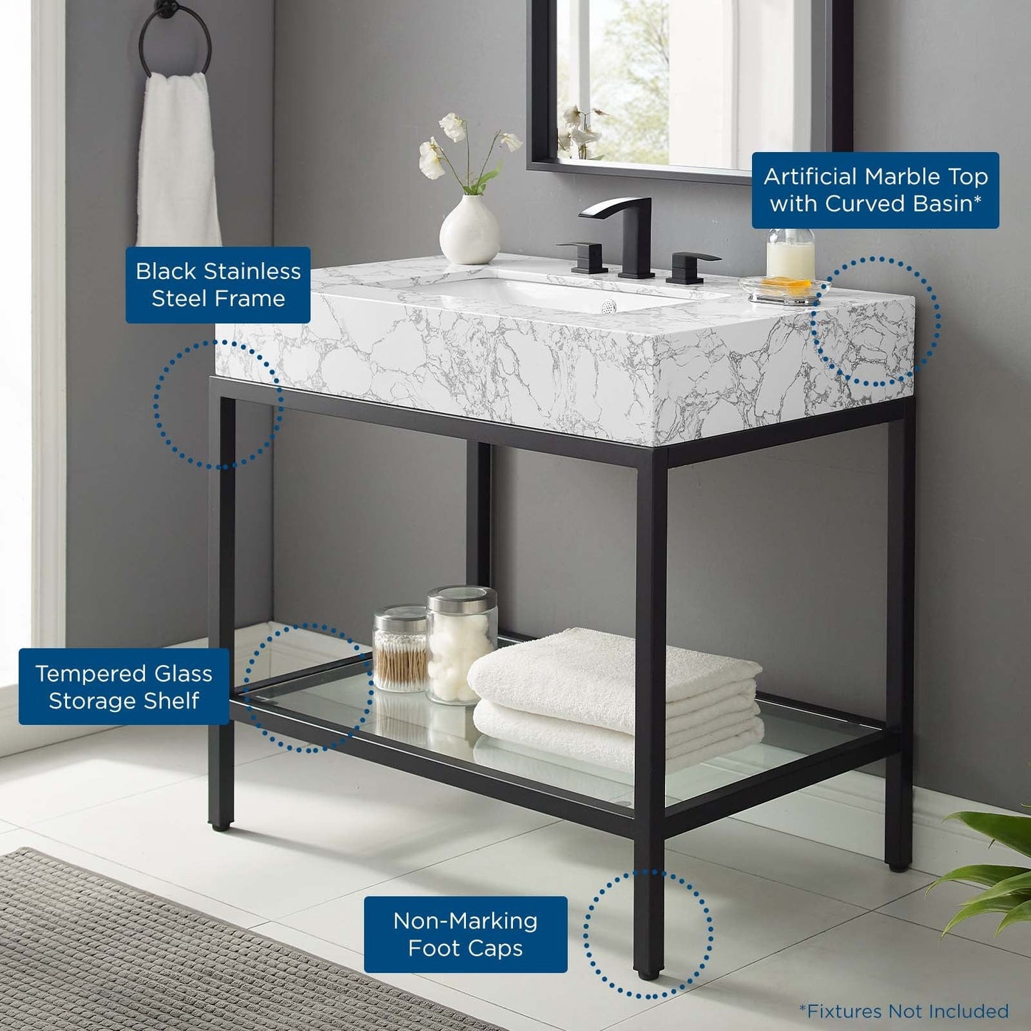Modway furniture Kingsley Stainless Steel Bathroom Vanity - EEI-3998-BLK-WHI