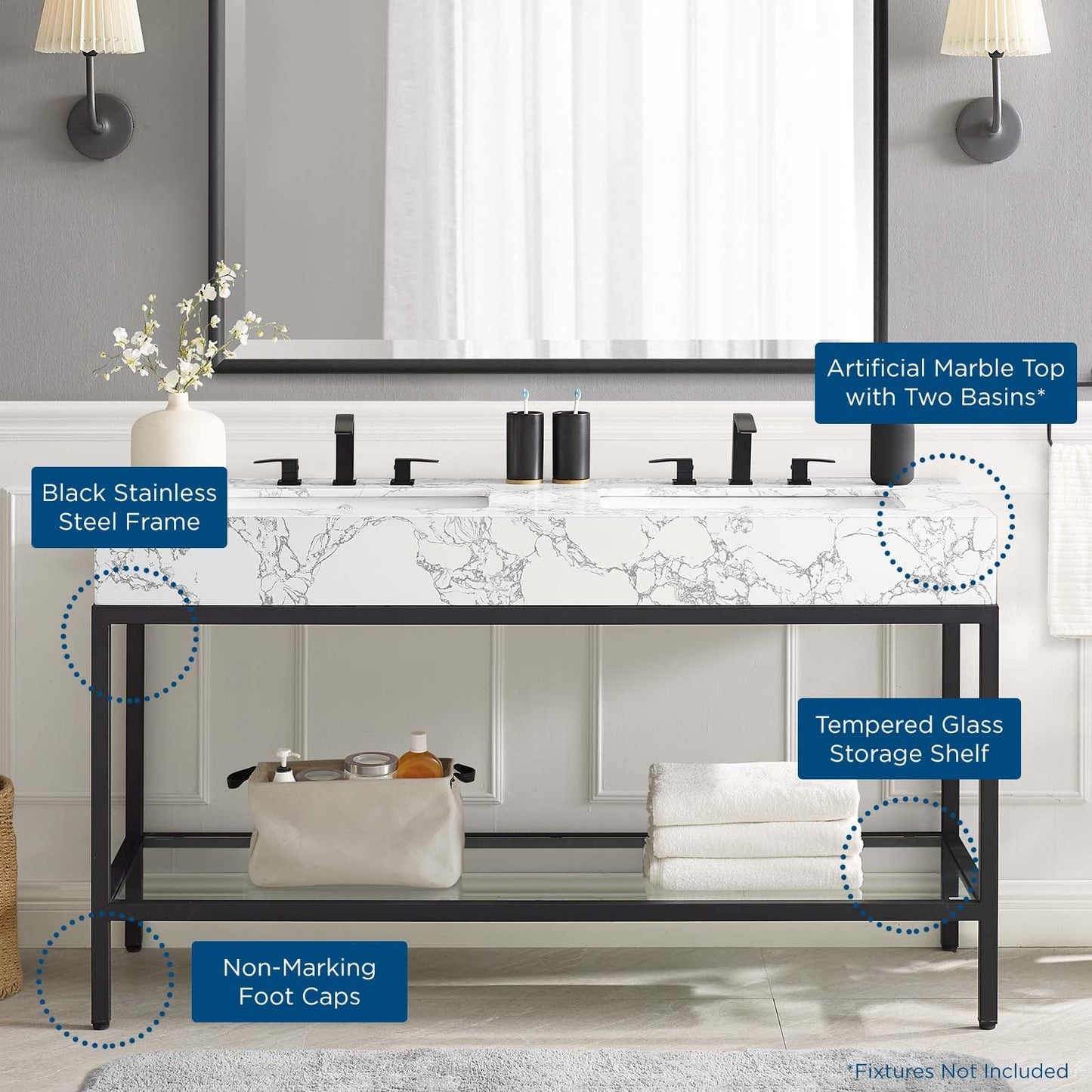 Modway furniture Kingsley Stainless Steel Bathroom Vanity - EEI-3998-BLK-WHI