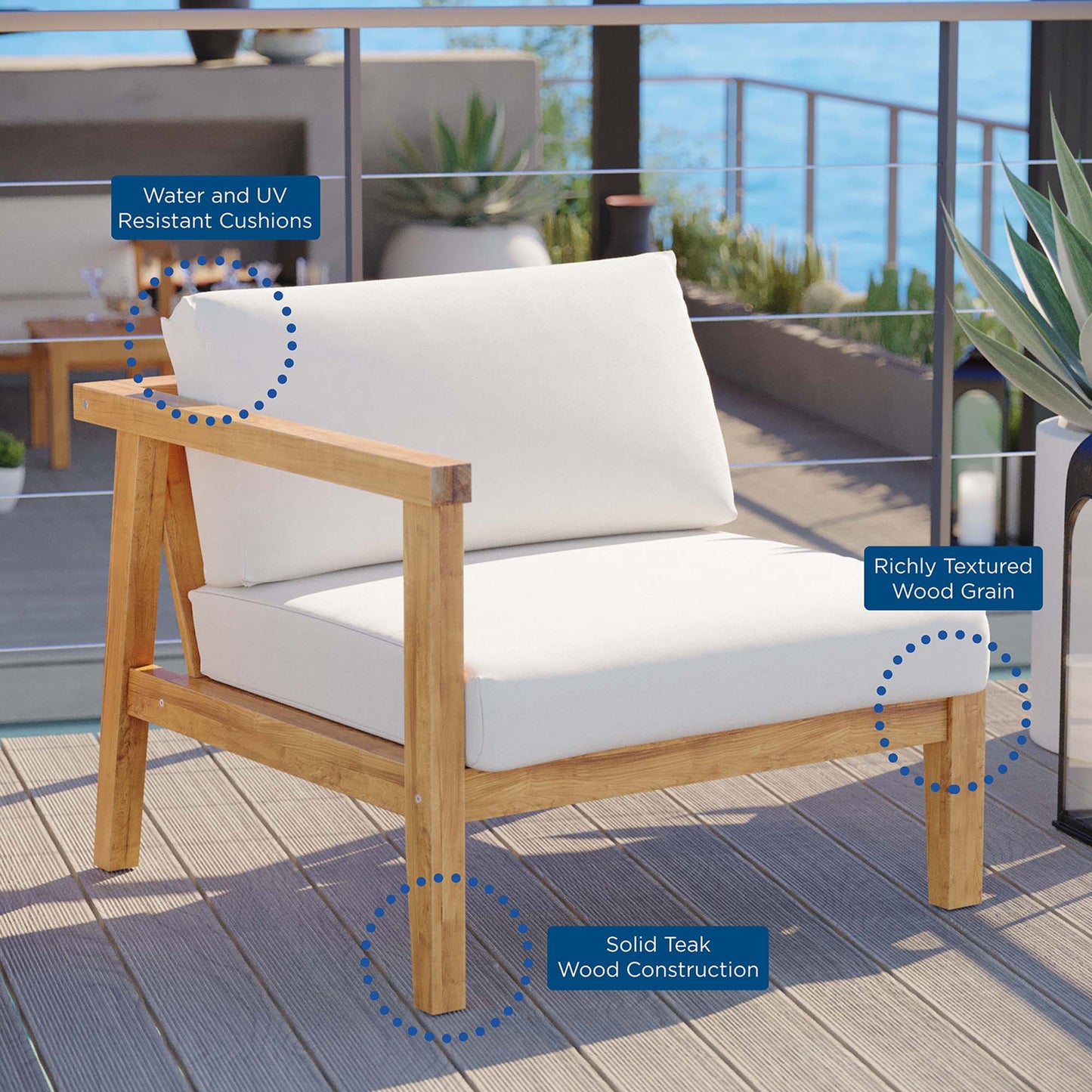 Modway Furniture Bayport Outdoor Patio Teak Wood Left-Arm Chair - EEI-4128-NAT-WHI