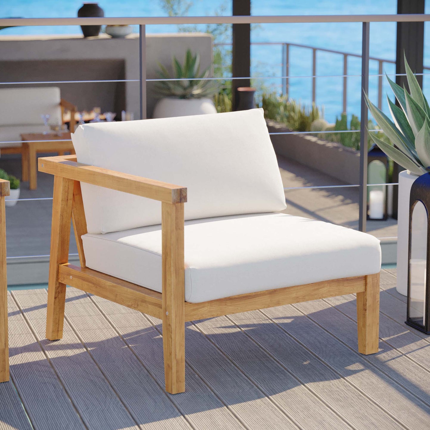 Modway Furniture Bayport Outdoor Patio Teak Wood Left-Arm Chair - EEI-4128-NAT-WHI