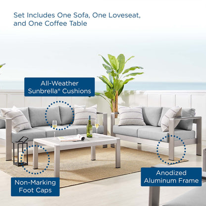 Modway Furniture Shore Sunbrella Fabric Outdoor Patio Aluminum 3 Piece Set by Modway - EEI-4313-SLV-GRY-SET