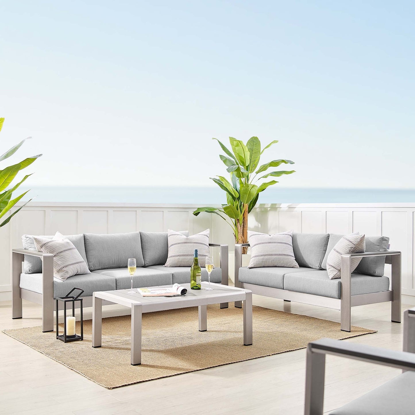 Modway Furniture Shore Sunbrella Fabric Outdoor Patio Aluminum 3 Piece Set by Modway - EEI-4313-SLV-GRY-SET