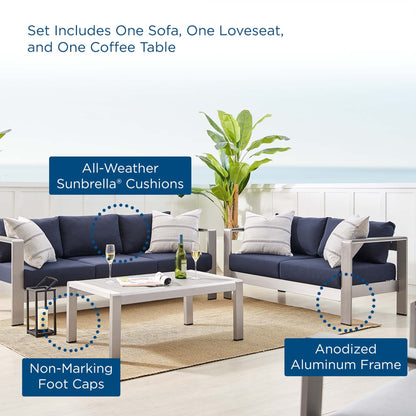 Modway Furniture Shore Sunbrella Fabric Outdoor Patio Aluminum 3 Piece Set by Modway - EEI-4313-SLV-GRY-SET