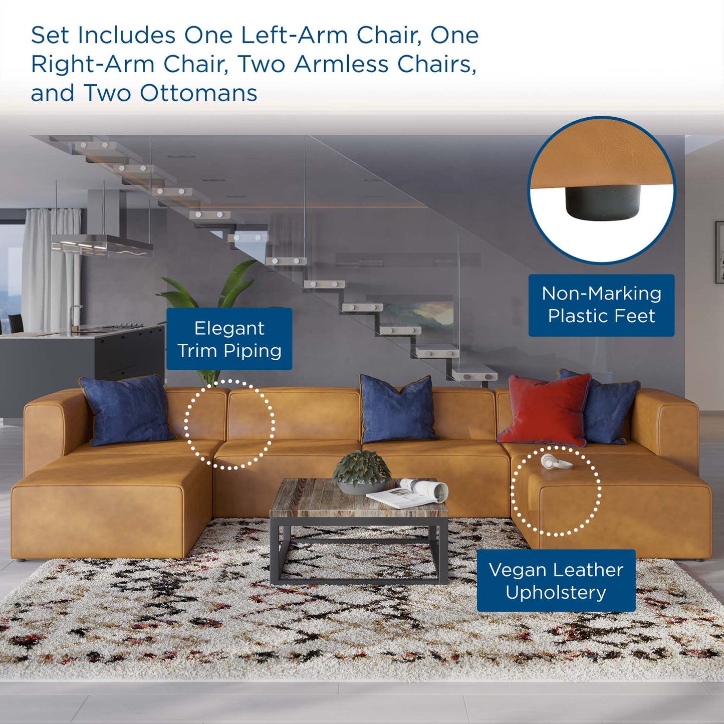 Modway Furniture Mingle Vegan Leather 4-Piece Sofa and 2 Ottomans Set by Modway - EEI-4794-TAN