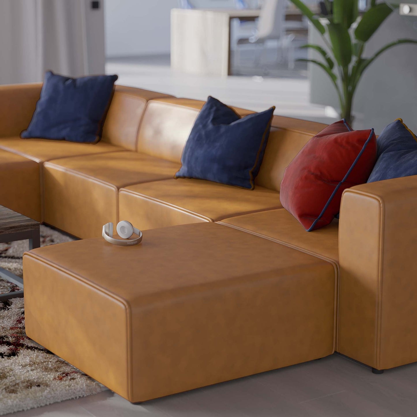 Modway Furniture Mingle Vegan Leather 4-Piece Sofa and 2 Ottomans Set by Modway - EEI-4794-TAN