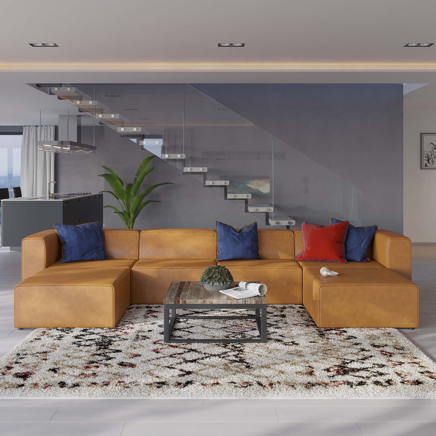 Modway Furniture Mingle Vegan Leather 4-Piece Sofa and 2 Ottomans Set by Modway - EEI-4794-TAN