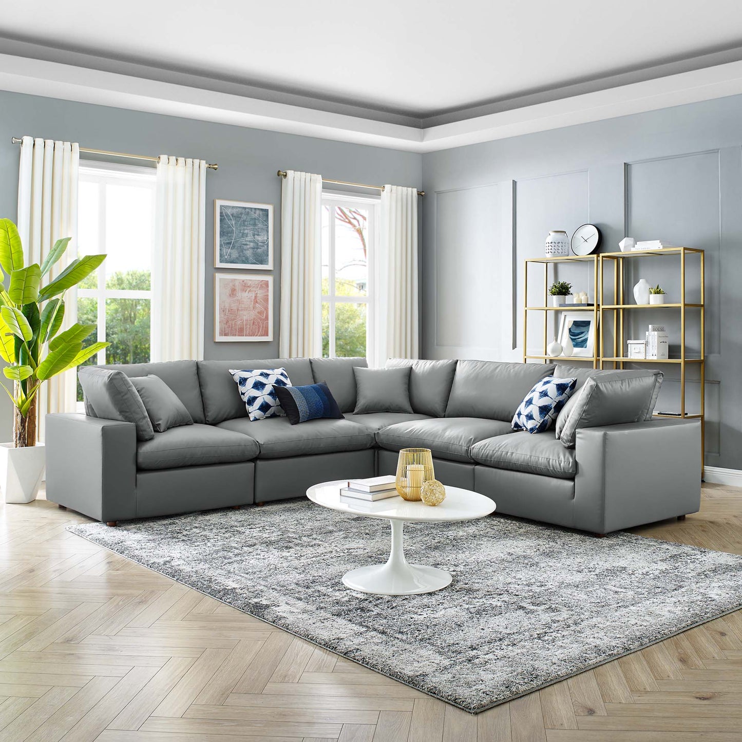 Modway Furniture Commix Down Filled Overstuffed Vegan Leather 5-Piece Sectional Sofa by Modway - EEI-4920-GRY