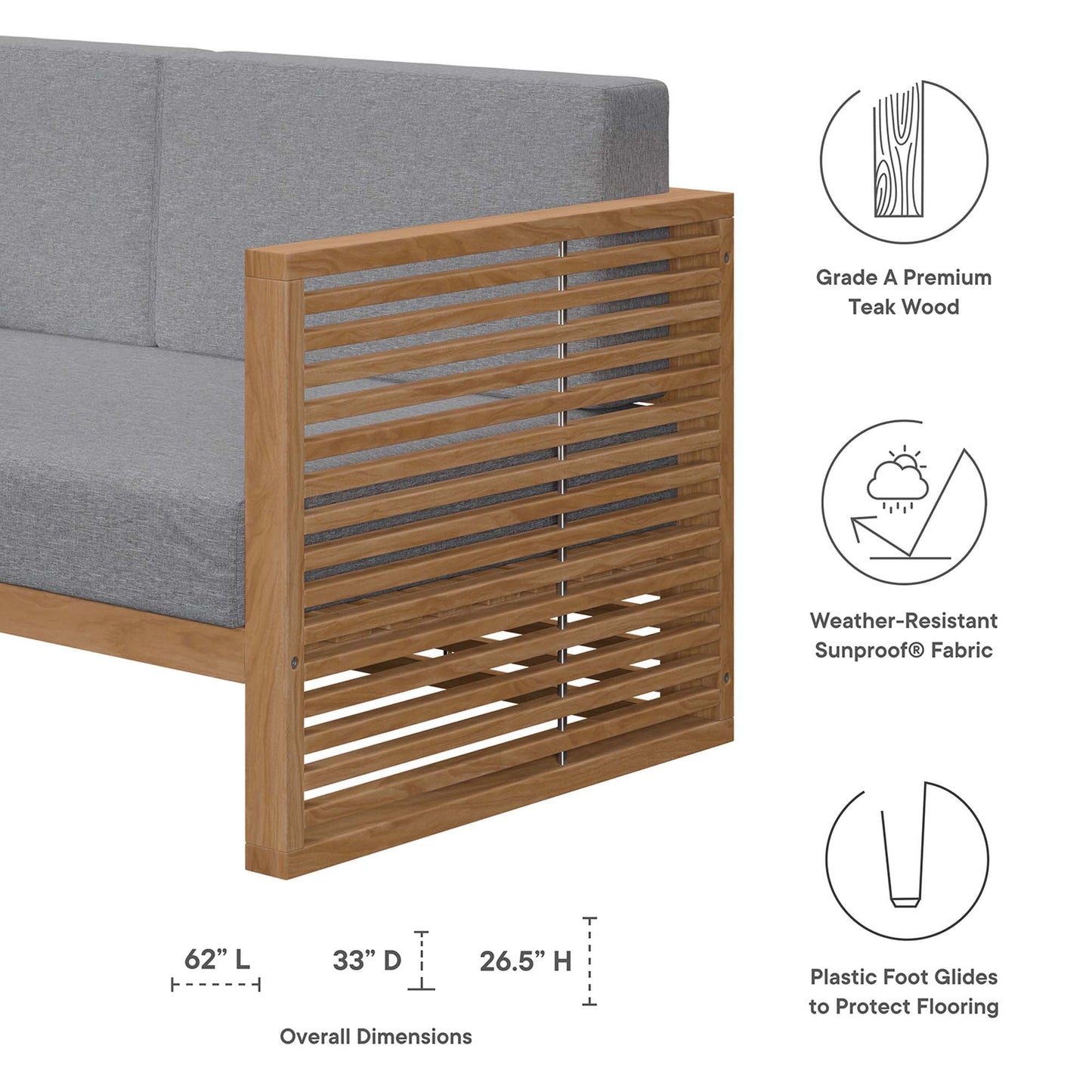 Modway Furniture Carlsbad Teak Wood Outdoor Patio Loveseat - EEI-5605-NAT-GRY