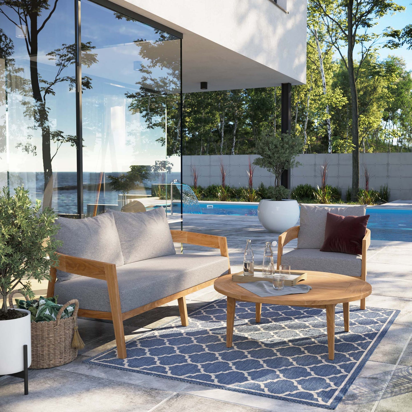 Modway Furniture Brisbane 3-Piece Teak Wood Outdoor Patio Set by Modway - EEI-5834-NAT-GRY