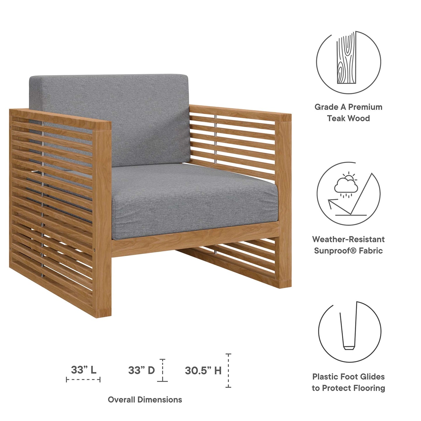 Modway Furniture Carlsbad 3-Piece Teak Wood Outdoor Patio Outdoor Patio Set - EEI-5838-NAT-GRY