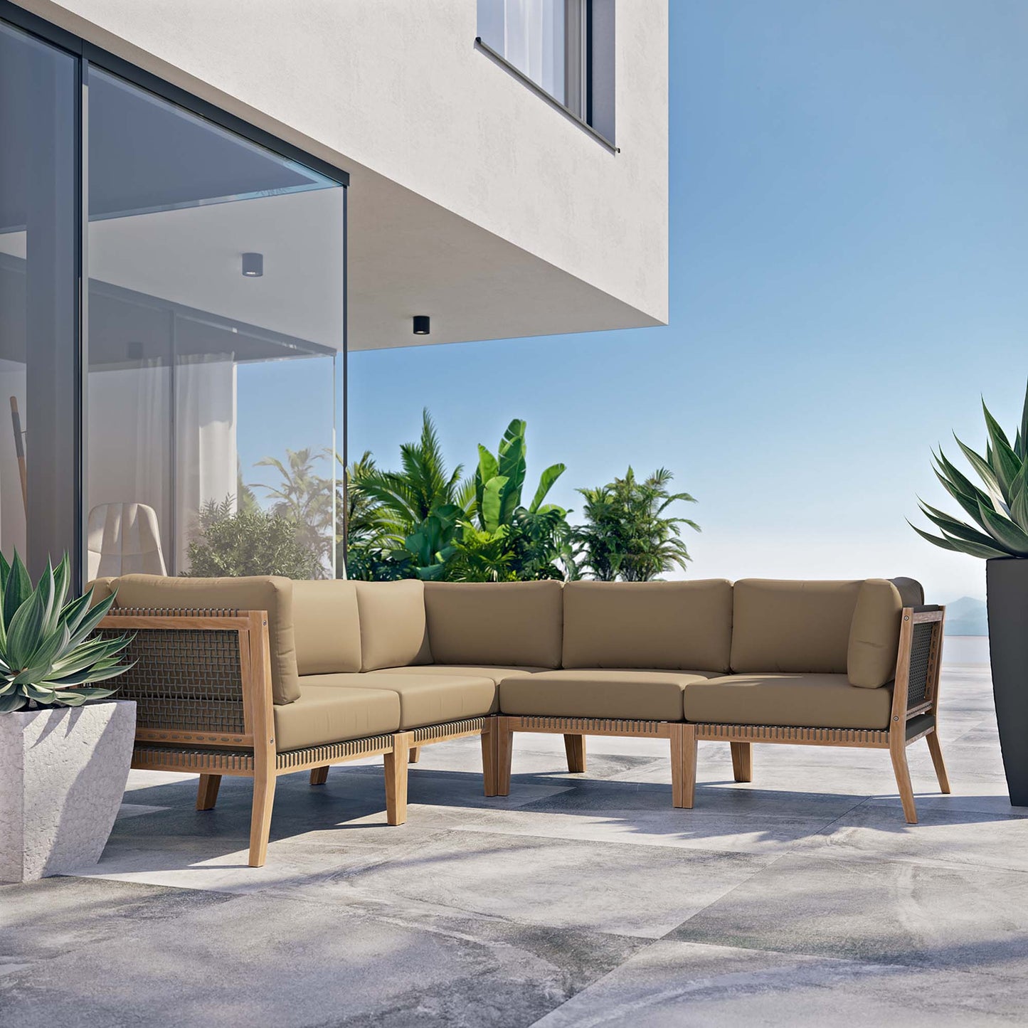 Modway Furniture Clearwater Outdoor Patio Teak Wood 5-Piece Sectional Sofa by Modway - EEI-6123-GRY-GPH