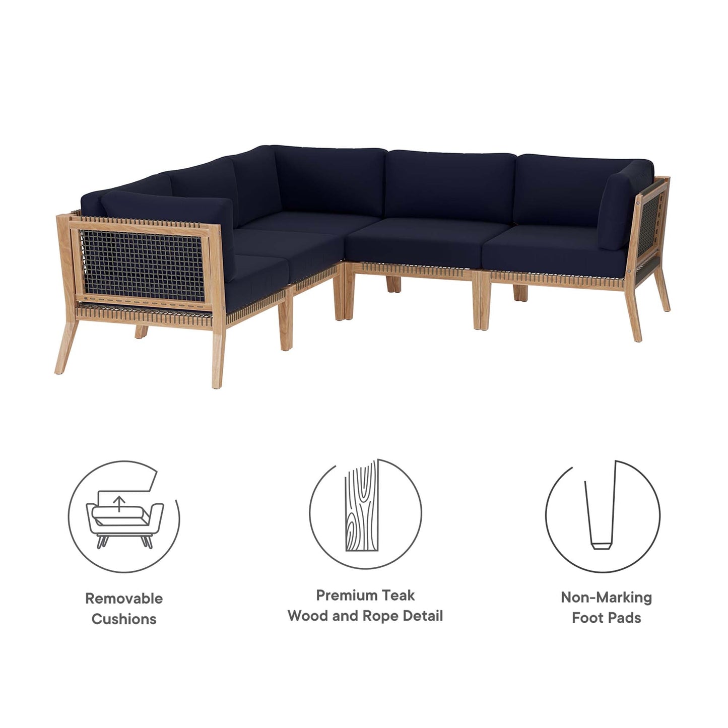 Modway Furniture Clearwater Outdoor Patio Teak Wood 5-Piece Sectional Sofa by Modway - EEI-6123-GRY-GPH