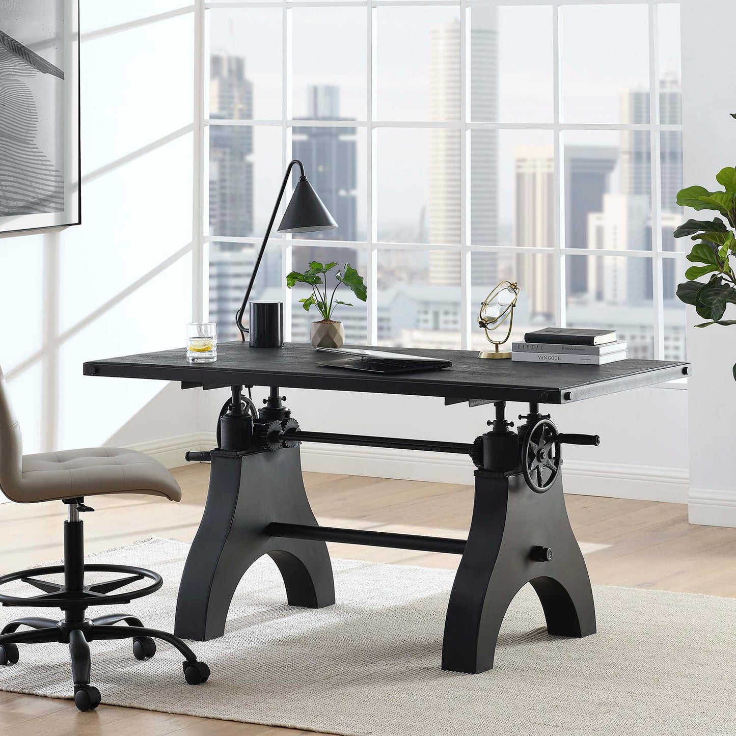 Modway furniture Genuine 60" Crank Adjustable Height Dining Table and Computer Desk - EEI-6148-BLK-BLK