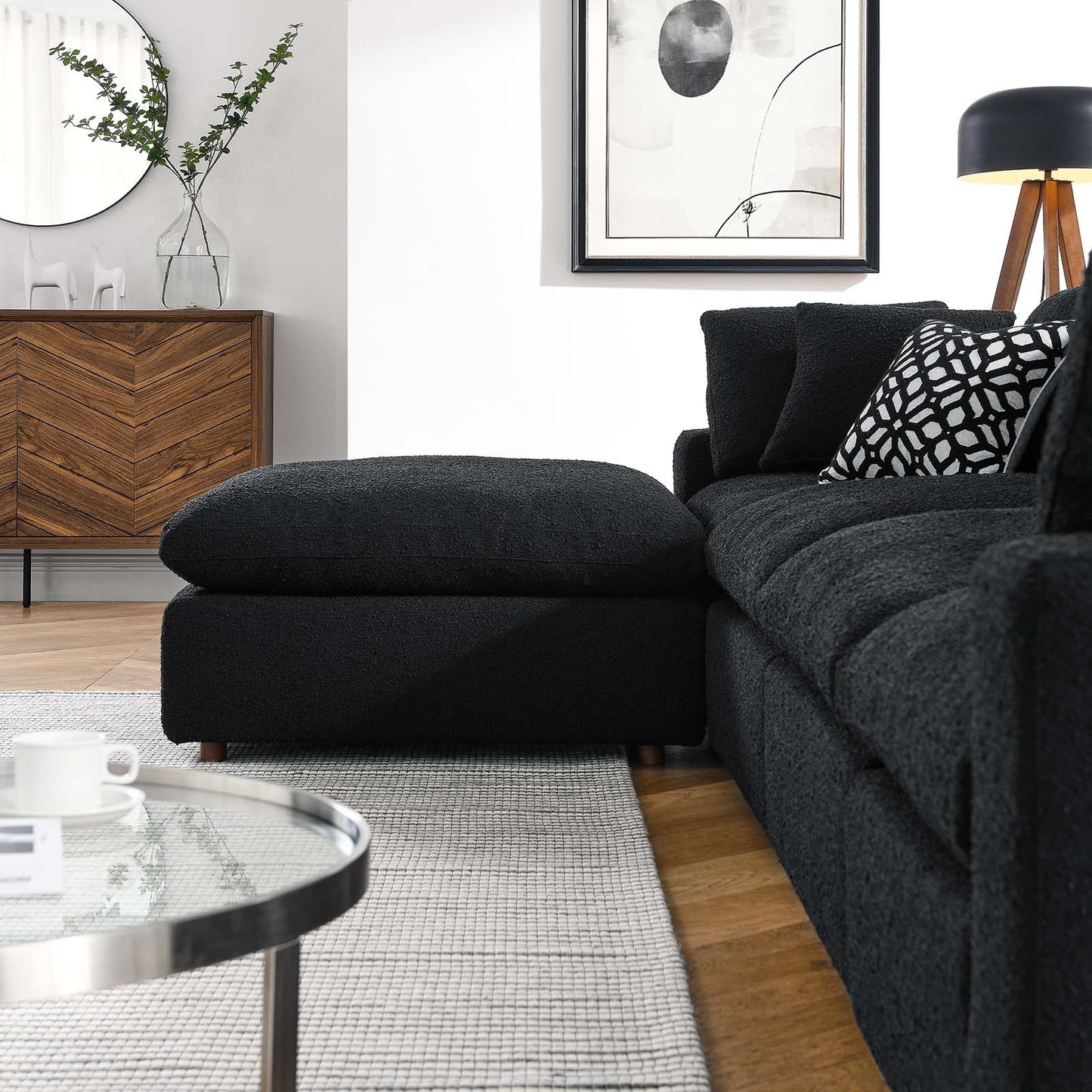 Modway furniture Commix Overstuffed Boucle Fabric Sectional Sofa - Plush Comfort & Modern Design for Cozy Living Spaces - EEI-6365-BLK