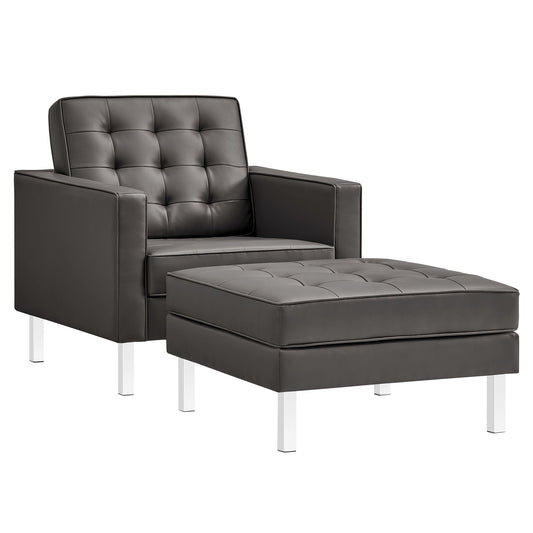 Modway furniture Loft  Tufted Vegan Leather Armchair and Ottoman Set - EEI-6409-SLV-GRY-SET