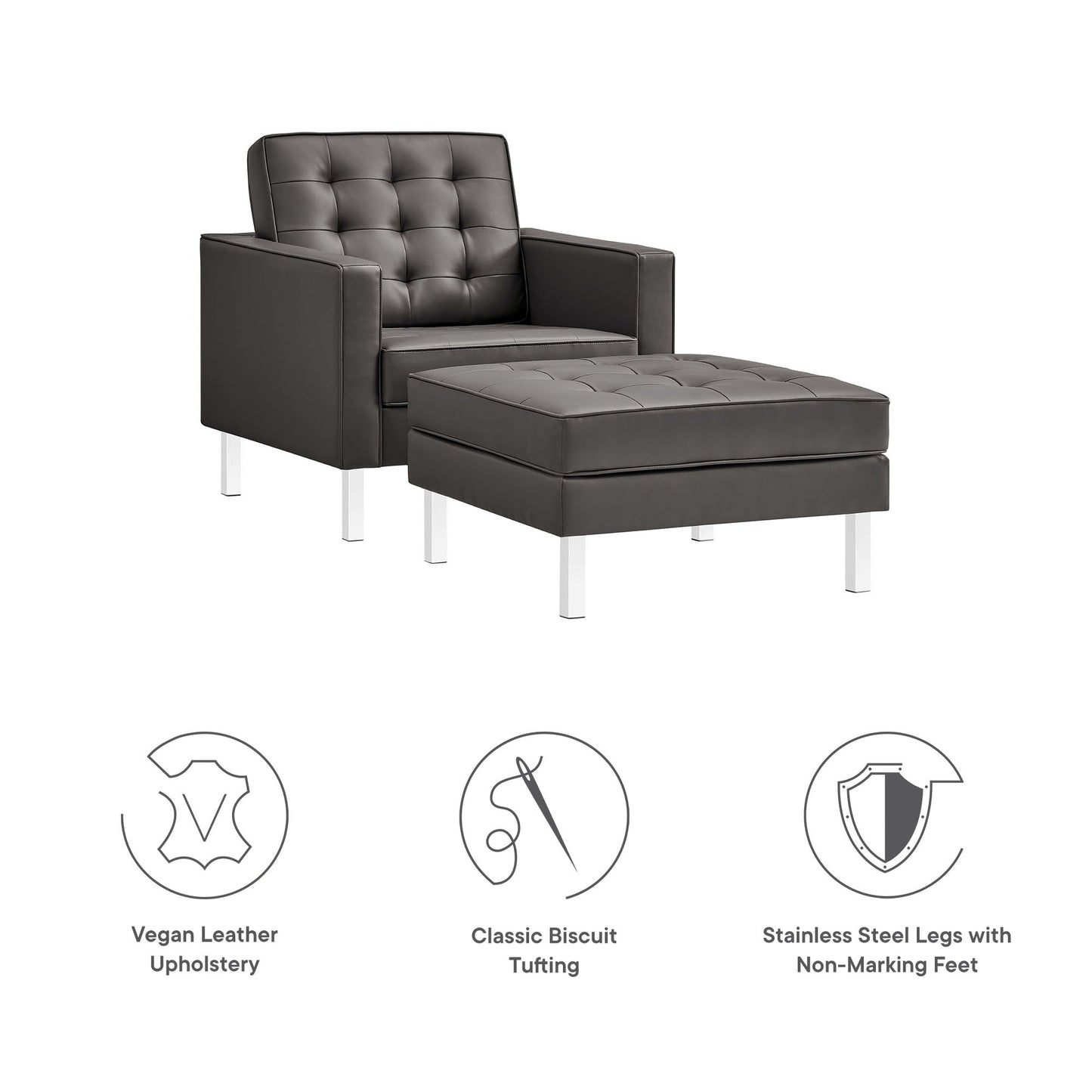 Modway furniture Loft  Tufted Vegan Leather Armchair and Ottoman Set - EEI-6409-SLV-GRY-SET