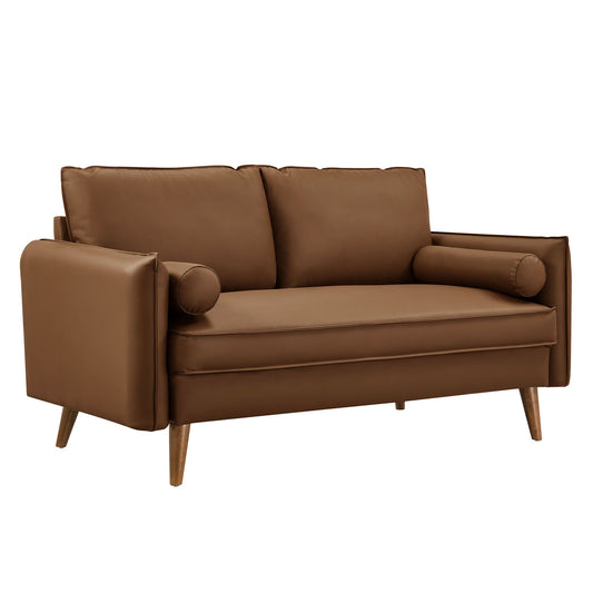 Modway Furniture Revive Modern Vegan Leather Loveseat with Plush Pillows for Chic Living Room Comfort and Style - EEI-6974-BRN