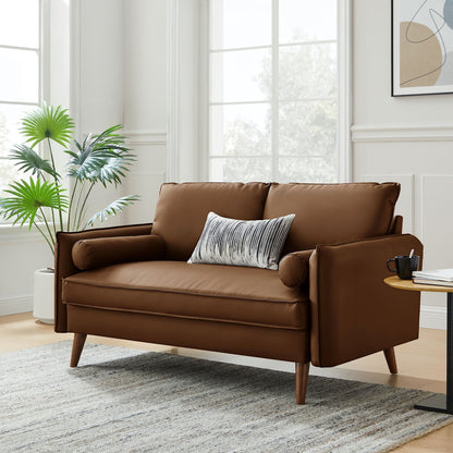 Modway Furniture Revive Modern Vegan Leather Loveseat with Plush Pillows for Chic Living Room Comfort and Style - EEI-6974-BRN