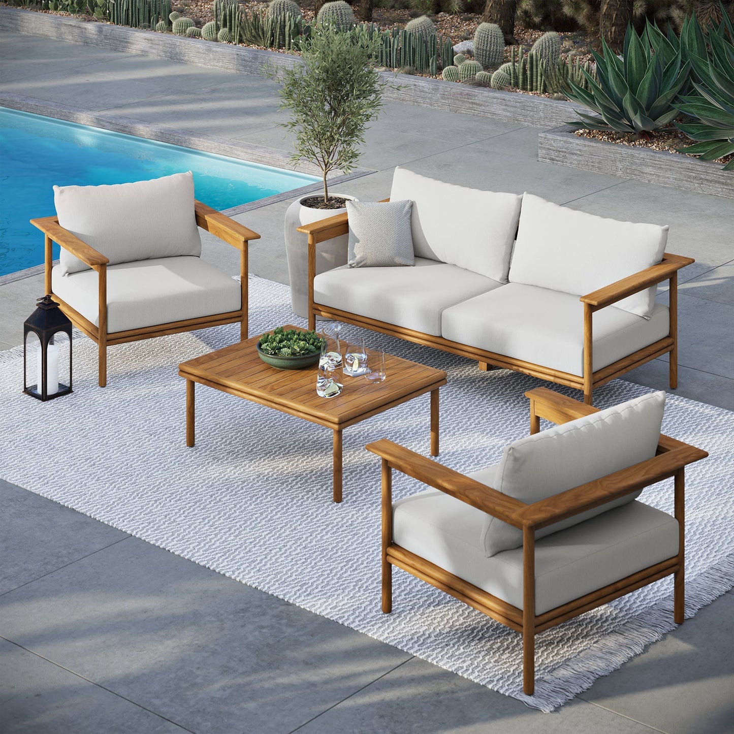 Modway Furniture Wren 4-Piece Outdoor Patio Teak Wood Furniture Set - EEI-7065-NAT-SAI