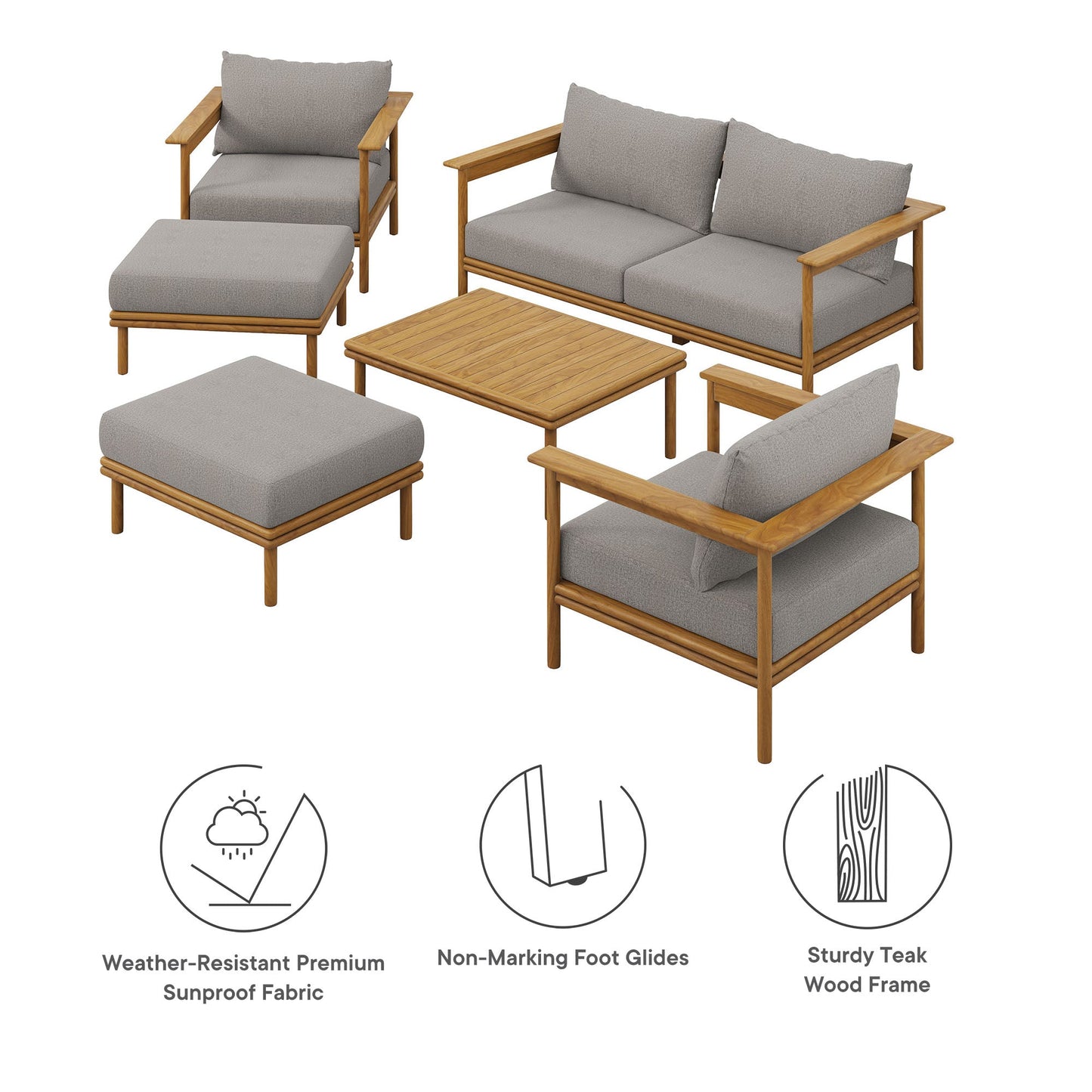 Modway Furniture Wren 6-Piece Outdoor Patio Teak Wood Furniture Set - EEI-7069-NAT-SAI