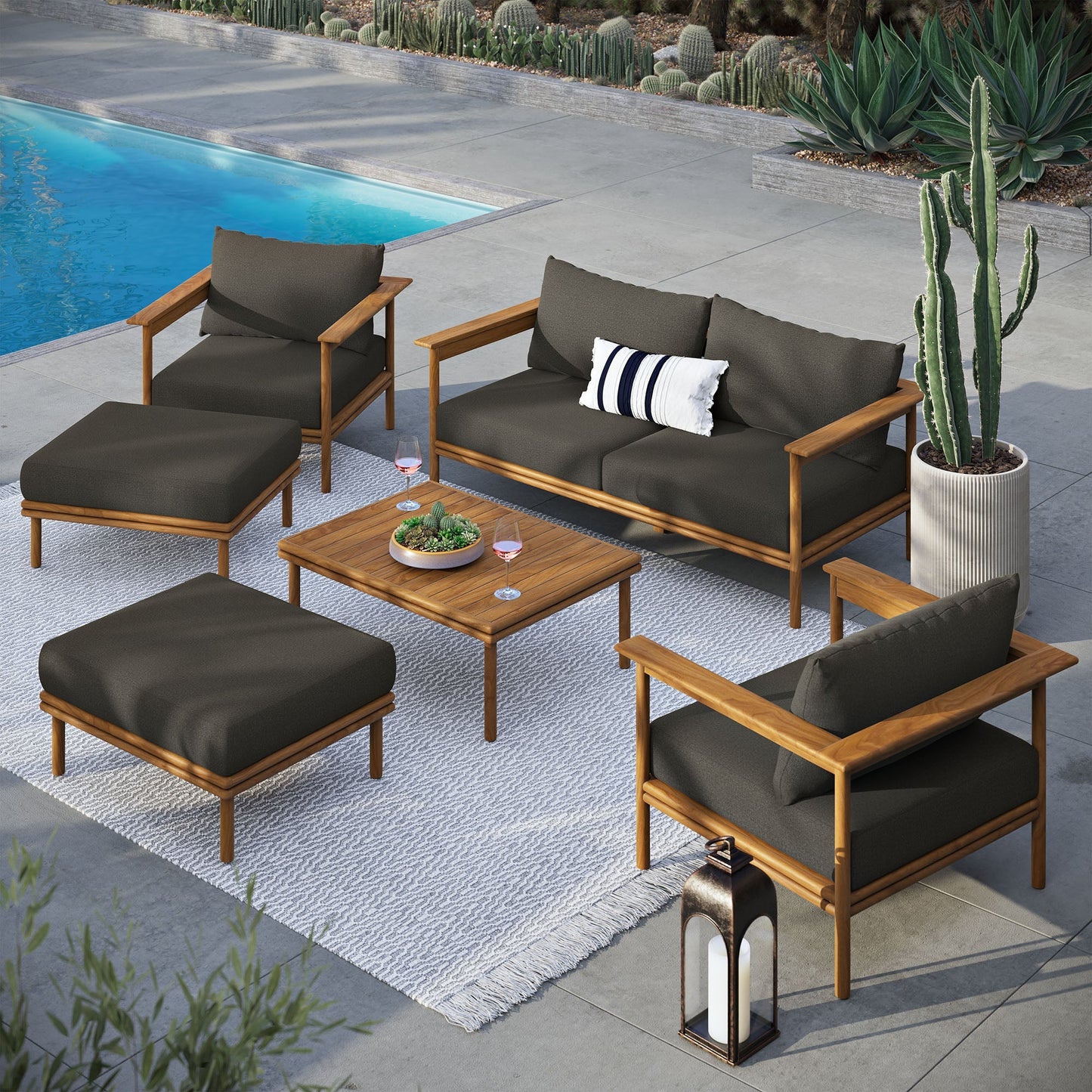 Modway Furniture Wren 6-Piece Outdoor Patio Teak Wood Furniture Set - EEI-7069-NAT-SAI