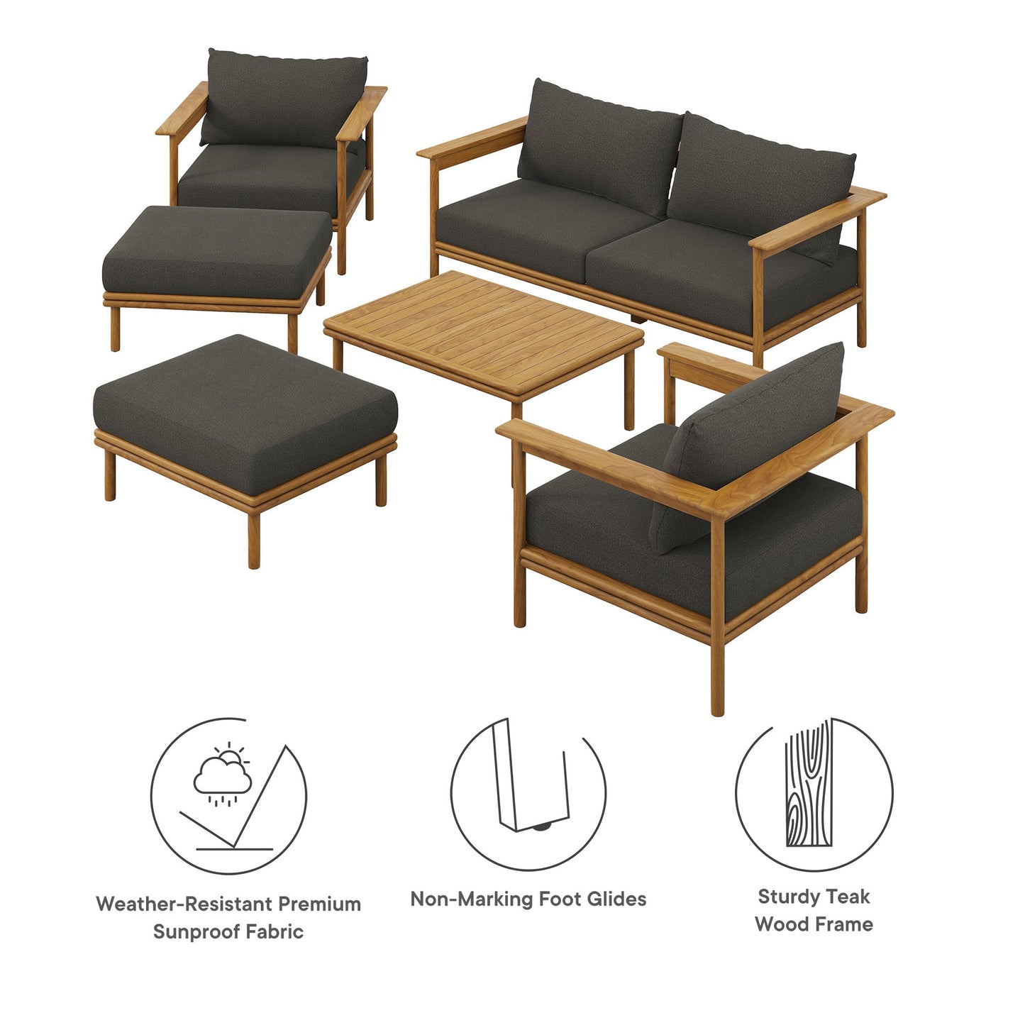 Modway Furniture Wren 6-Piece Outdoor Patio Teak Wood Furniture Set - EEI-7069-NAT-SAI