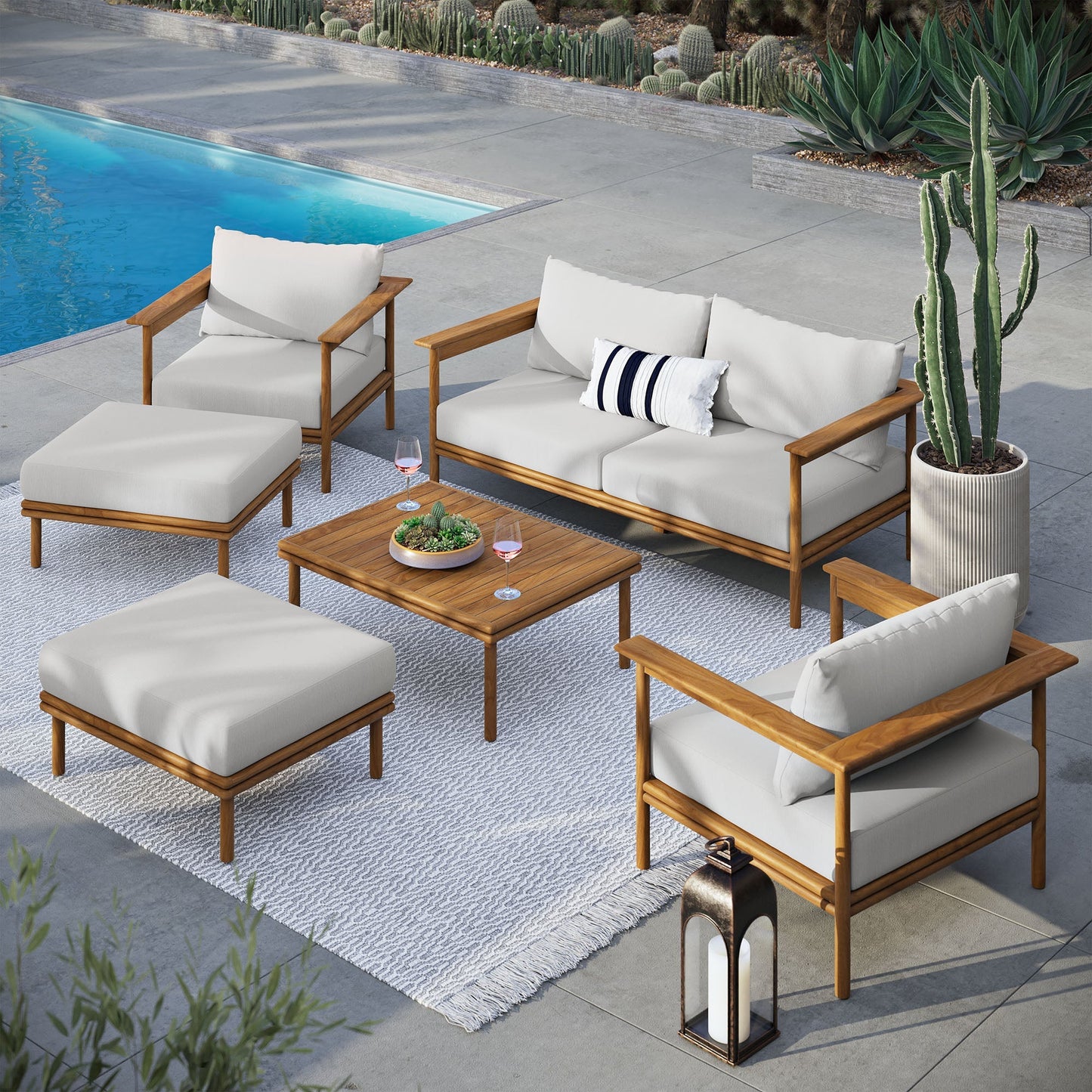 Modway Furniture Wren 6-Piece Outdoor Patio Teak Wood Furniture Set - EEI-7069-NAT-SAI