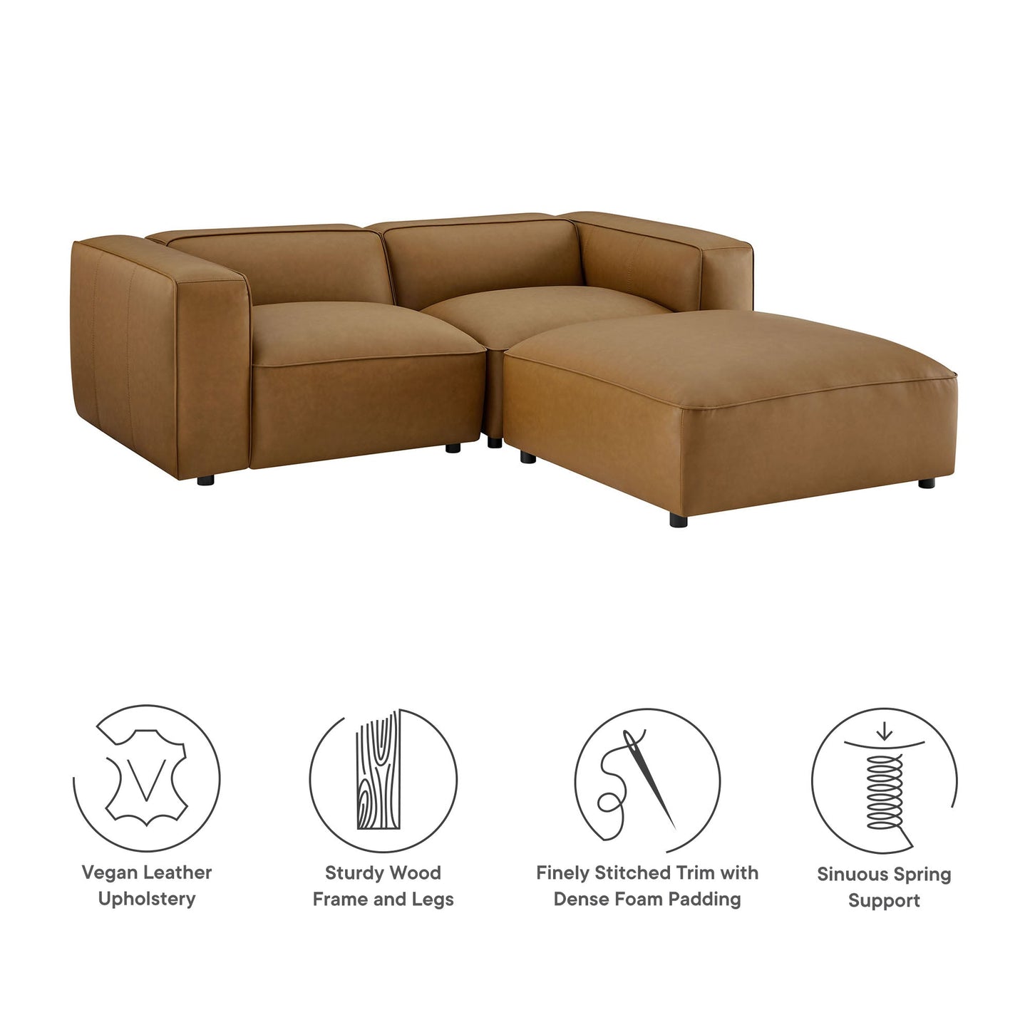 Modway furniture Auren 3-Piece Upholstered Vegan Leather Modular Loveseat with Ottoman - EEI-7130-CAM