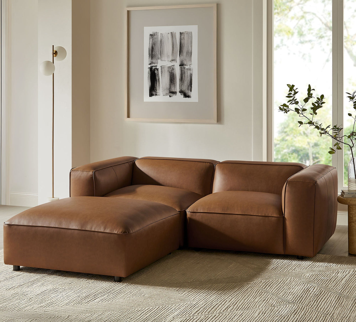 Modway furniture Auren 3-Piece Upholstered Vegan Leather Modular Loveseat with Ottoman - EEI-7130-CAM