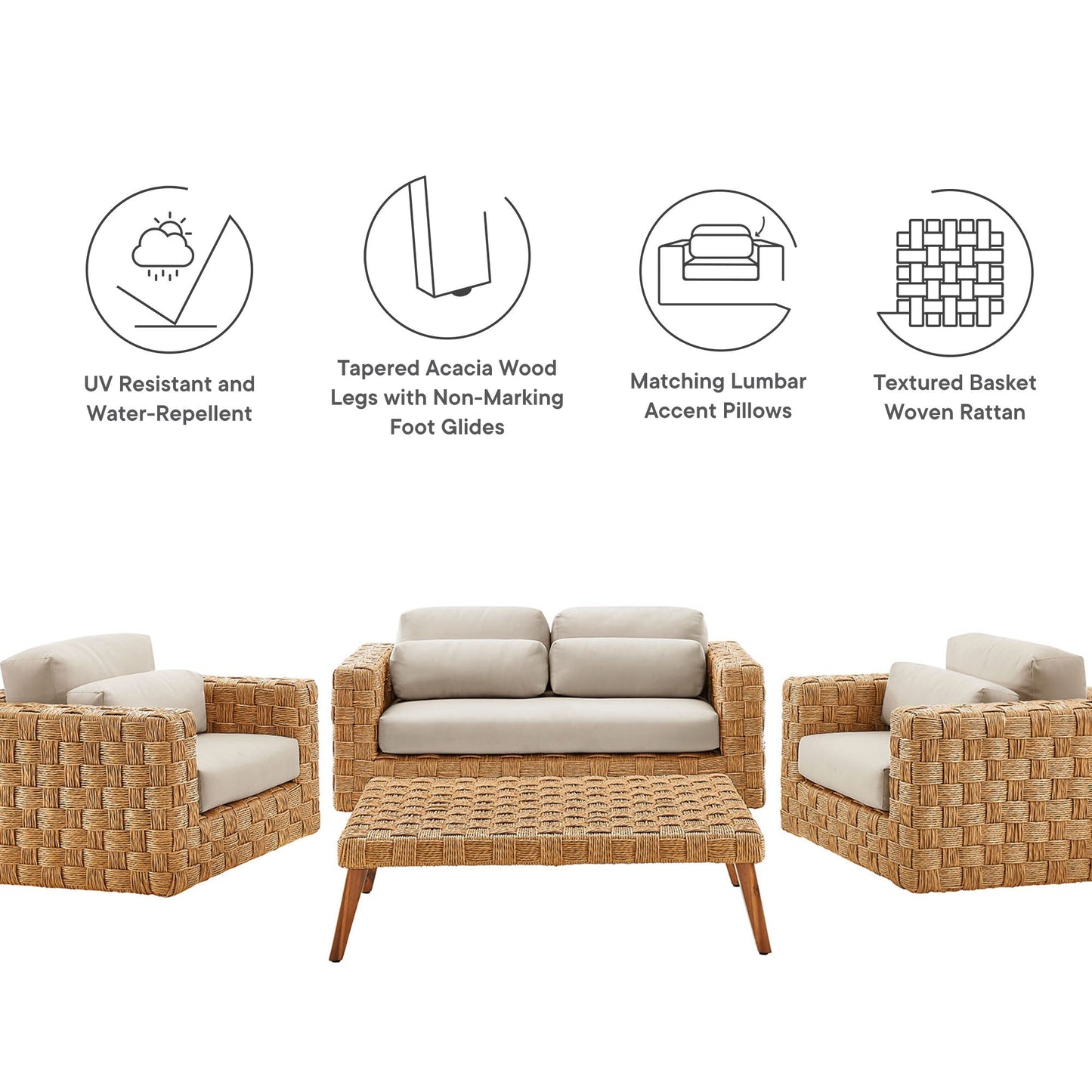 Modway Furniture Thames  4-Piece Outdoor Patio Wicker Rattan Furniture Set - EEI-7135-NAT-LGR