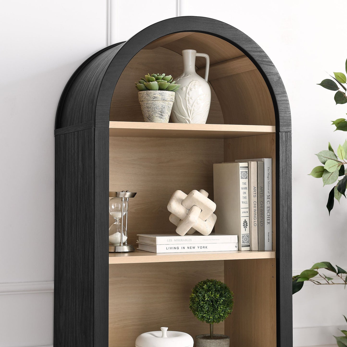 Modway furniture Evie Arched Narrow Bookcase Display Cabinet - EEI-7201-BLK-OAK