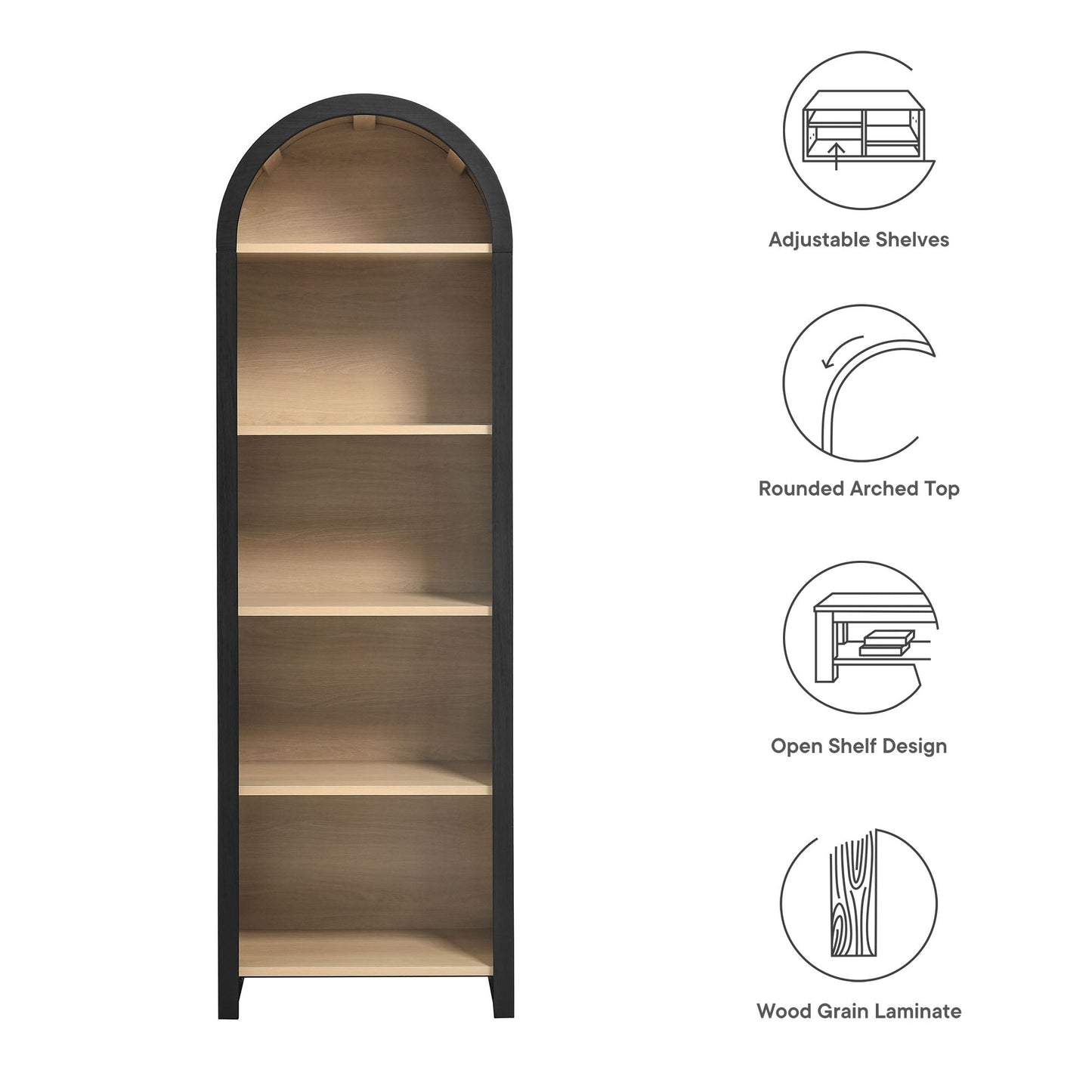 Modway furniture Evie Arched Narrow Bookcase Display Cabinet - EEI-7201-BLK-OAK