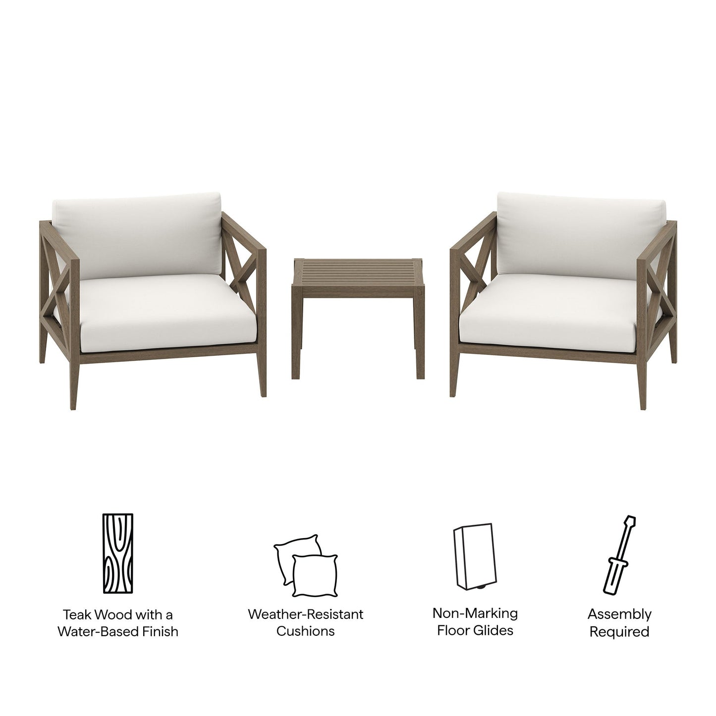 Modway Furniture Northlake 3-Piece Outdoor Patio Teak Wood Furniture Set with Armchair and Side Table - EEI-7275-WGR-WHI