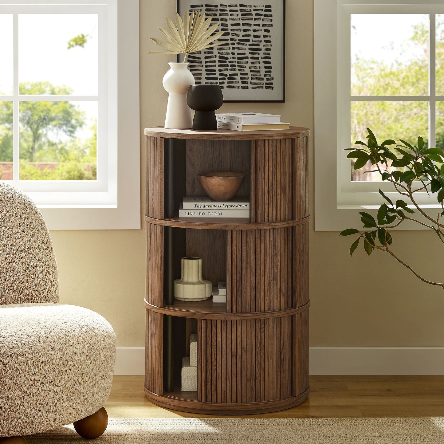 Modway furniture Clement Round Pedestal Stand Storage Table With Sliding Tambour Doors - EEI-7344-WAL